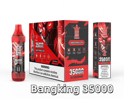 Bang King Tornado 35000 puffs disposable vape in watermelon flavor, featuring red and black packaging with a bold graphic design, nicotine warning label, and product specifications.