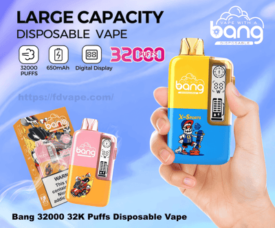 Hand holding a yellow-and-blue Bang disposable vape with a digital puff-count display and cartoon 'X-Sports' artwork, shown alongside pink-and-orange devices and packaging under bold text advertising Large Capacity, 32,000 (32K) puffs and 650mAh battery.