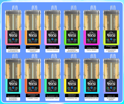 Grid of 18 vape devices with clear tanks and neon bases on a blue background, each with flavor labels and Bang panel.