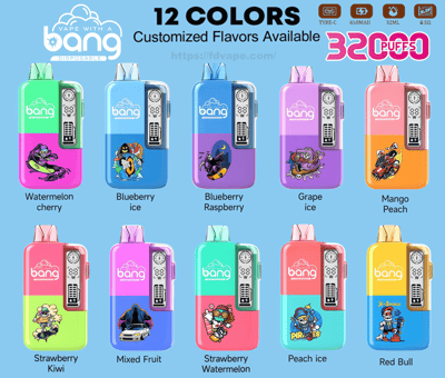 Promotional layout of brightly colored Bang disposable vape devices in two rows with cartoon graphics and flavor labels—Watermelon Cherry, Blueberry Ice, Blueberry Raspberry, Grape Ice, Mango Peach, Strawberry Kiwi, Mixed Fruit, Strawberry Watermelon, Peach Ice and Red Bull—plus header text '12 COLORS Customized Flavors Available' and icons for Type‑C, 650mAh, 32ML and '3200 PUFFS'.
