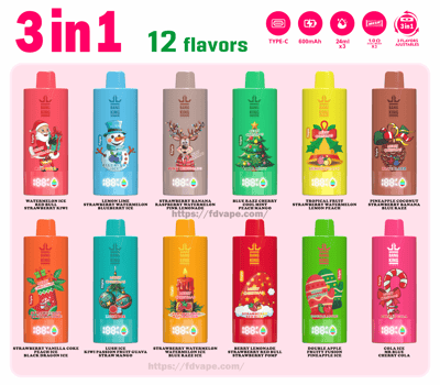 Afiche promocional que muestra doce coloridos dispositivos de vapeo desechables Bang King dispuestos en dos filas bajo un título grande "3 en 1, 12 sabores", con íconos de funciones (Tipo C, 600 mAh, 24 ml x 3) en la parte superior y cada dispositivo ilustrado y etiquetado con su sabor (por ejemplo, helado de sandía, cereza Blue Razz, coco de piña) y gráficos divertidos.