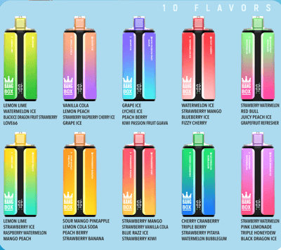 Ten Bang Box disposable vape devices with gradient panels and a white crown logo, arranged in two rows on a light blue background that says 10 FLAVORS.