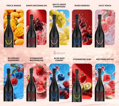 Ten flavor drink bottles arranged in two rows against vibrant fruit-themed backgrounds.