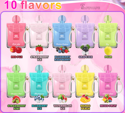 Colorful ad showing 10 QQ Bang vape flavors: Red Fuji, Strawberry Ice, Blueberry Raspberry, Grape Ice, Pear, and more