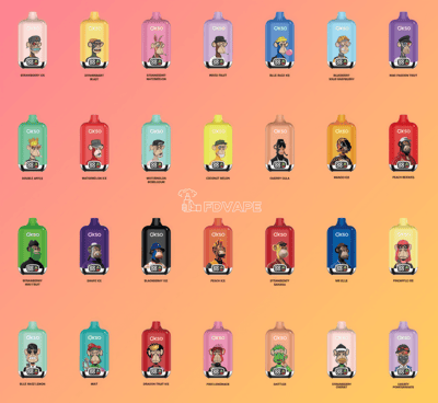 Colorful Oxso vape devices in rows, each featuring a cartoon monkey design and different flavor names on a gradient background