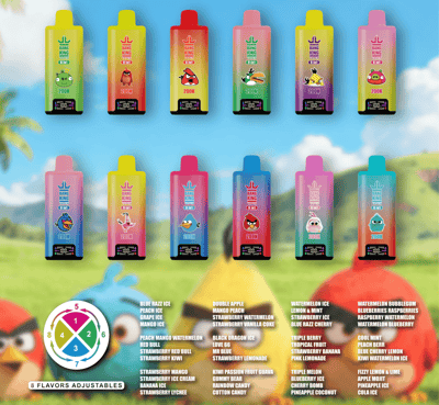 Row of colorful Bang King Vapen 8-in-1 bottles with cartoon characters, against a bright blue sky; flavor wheel at bottom.
