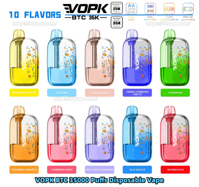 Ten colorful VOPK BTC 3500 Puff disposable vape devices, each in a different color representing one of ten flavors.