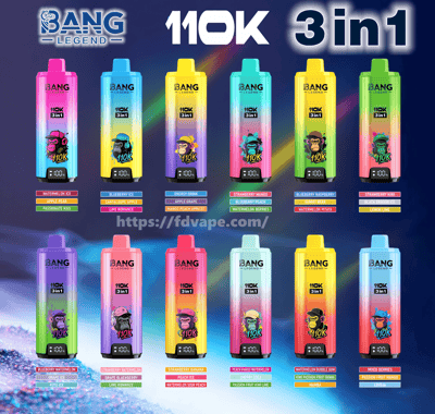 Grille promotionnelle de douze appareils de vape jetables Bang Legend 110K 3en1 dégradés aux couleurs vives avec des icônes de singe de dessin animé, des étiquettes à trois saveurs sous chacun, ainsi qu'un nom de produit et une marque de site Web bien visibles sur fond bleu foncé.