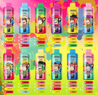 Twelve bright Bang Legend 8in1 spray cans with cartoon monkeys against a neon splatter background and flavor labels.