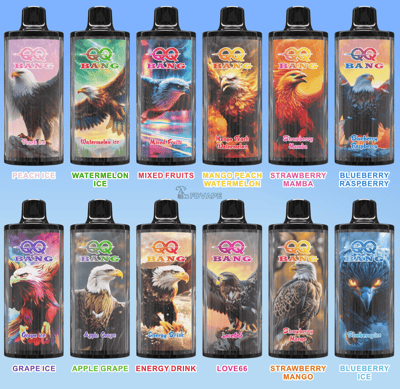 Two rows of QQ Bang e-liquid bottles with bold labels, flavors including Peach Ice, Watermelon Ice, and Mixed Fruits.