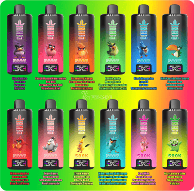 FDVAPE Bang King 8-in-1 vape bottles lineup with colorful cartoon flavor labels and “500K” icons
