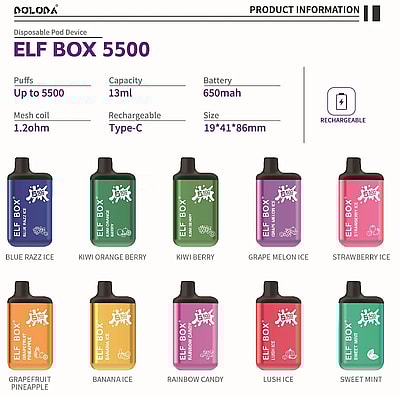 Original gros ELF BOX 5500 Puffs Vape jetable - Dispositif de vapotage jetable haute capacité
