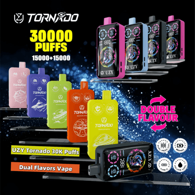 Promotional image of UZY Tornado 30K Puffs vape devices featuring multiple vibrant colors and double flavor capability, emphasizing its dual flavors, 30000 puffs capacity, and other technical features like dual mesh coil and type-C charging.