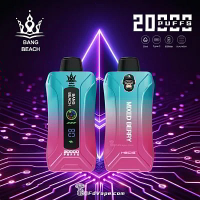 Original Bang Beach 20000 Puffs Novo Vape descartável com display LED, oferecendo até 20.000 baforadas com capacidade de e-líquido de 35ml, intensidades de nicotina personalizáveis, uma bateria de 650mAh e uma conveniente porta de carregamento Tipo C. Equipado com uma bobina de malha 1.0, fluxo de ar ajustável e um display LED, garante uma experiência de vaporização premium, confiável e agradável.