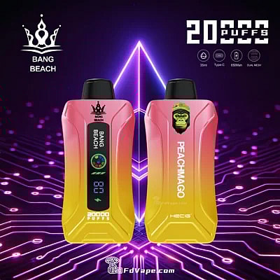 Original Bang Beach 20000 Puffs Novo Vape descartável com display LED, oferecendo até 20.000 baforadas com capacidade de e-líquido de 35ml, intensidades de nicotina personalizáveis, uma bateria de 650mAh e uma conveniente porta de carregamento Tipo C. Equipado com uma bobina de malha 1.0, fluxo de ar ajustável e um display LED, garante uma experiência de vaporização premium, confiável e agradável.