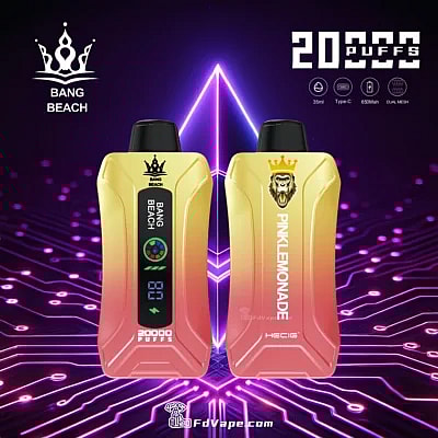 Original Bang Beach 20000 Puffs Novo Vape descartável com display LED, oferecendo até 20.000 baforadas com capacidade de e-líquido de 35ml, intensidades de nicotina personalizáveis, uma bateria de 650mAh e uma conveniente porta de carregamento Tipo C. Equipado com uma bobina de malha 1.0, fluxo de ar ajustável e um display LED, garante uma experiência de vaporização premium, confiável e agradável.