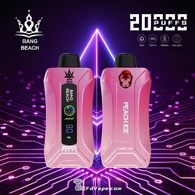 Original Bang Beach 20000 Puffs Novo Vape descartável com display LED, oferecendo até 20.000 baforadas com capacidade de e-líquido de 35ml, intensidades de nicotina personalizáveis, uma bateria de 650mAh e uma conveniente porta de carregamento Tipo C. Equipado com uma bobina de malha 1.0, fluxo de ar ajustável e um display LED, garante uma experiência de vaporização premium, confiável e agradável.