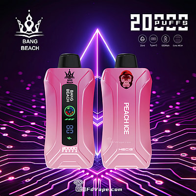 Original Bang Beach 20000 Puffs New LED Display Disposable Vape, offering up to 20000 puffs with a 35ml e-liquid capacity, customizable nicotine strengths, a 650mAh battery, and a convenient Type-C charging port. Equipped with a 1.0 mesh coil, adjustable airflow, and an LED display, it ensures a premium, reliable, and enjoyable vaping experience.