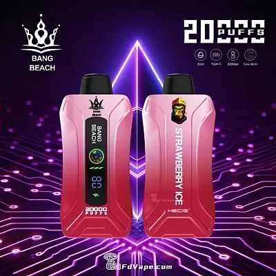 Original Bang Beach 20000 Puffs Novo Vape descartável com display LED, oferecendo até 20.000 baforadas com capacidade de e-líquido de 35ml, intensidades de nicotina personalizáveis, uma bateria de 650mAh e uma conveniente porta de carregamento Tipo C. Equipado com uma bobina de malha 1.0, fluxo de ar ajustável e um display LED, garante uma experiência de vaporização premium, confiável e agradável.