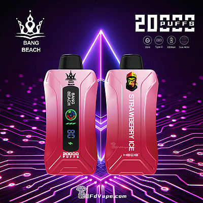 Original Bang Beach 20000 Puffs New LED Display Disposable Vape, offering up to 20000 puffs with a 35ml e-liquid capacity, customizable nicotine strengths, a 650mAh battery, and a convenient Type-C charging port. Equipped with a 1.0 mesh coil, adjustable airflow, and an LED display, it ensures a premium, reliable, and enjoyable vaping experience.