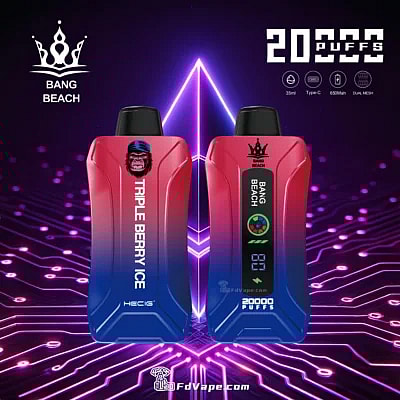 Original Bang Beach 20000 Puffs Novo Vape descartável com display LED, oferecendo até 20.000 baforadas com capacidade de e-líquido de 35ml, intensidades de nicotina personalizáveis, uma bateria de 650mAh e uma conveniente porta de carregamento Tipo C. Equipado com uma bobina de malha 1.0, fluxo de ar ajustável e um display LED, garante uma experiência de vaporização premium, confiável e agradável.