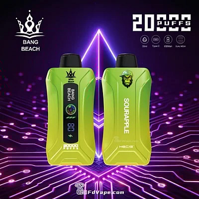 Original Bang Beach 20000 Puffs Novo Vape descartável com display LED, oferecendo até 20.000 baforadas com capacidade de e-líquido de 35ml, intensidades de nicotina personalizáveis, uma bateria de 650mAh e uma conveniente porta de carregamento Tipo C. Equipado com uma bobina de malha 1.0, fluxo de ar ajustável e um display LED, garante uma experiência de vaporização premium, confiável e agradável.