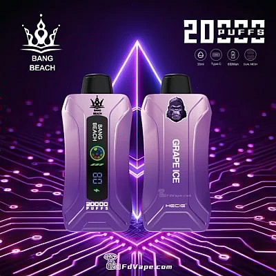 Original Bang Beach 20000 Puffs Novo Vape descartável com display LED, oferecendo até 20.000 baforadas com capacidade de e-líquido de 35ml, intensidades de nicotina personalizáveis, uma bateria de 650mAh e uma conveniente porta de carregamento Tipo C. Equipado com uma bobina de malha 1.0, fluxo de ar ajustável e um display LED, garante uma experiência de vaporização premium, confiável e agradável.