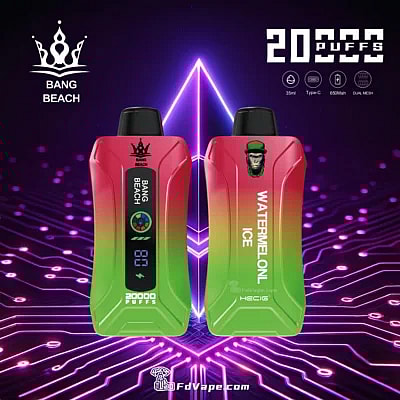 Original Bang Beach 20000 Puffs Novo Vape descartável com display LED, oferecendo até 20.000 baforadas com capacidade de e-líquido de 35ml, intensidades de nicotina personalizáveis, uma bateria de 650mAh e uma conveniente porta de carregamento Tipo C. Equipado com uma bobina de malha 1.0, fluxo de ar ajustável e um display LED, garante uma experiência de vaporização premium, confiável e agradável.