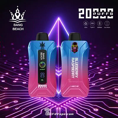 Original Bang Beach 20000 Puffs Novo Vape descartável com display LED, oferecendo até 20.000 baforadas com capacidade de e-líquido de 35ml, intensidades de nicotina personalizáveis, uma bateria de 650mAh e uma conveniente porta de carregamento Tipo C. Equipado com uma bobina de malha 1.0, fluxo de ar ajustável e um display LED, garante uma experiência de vaporização premium, confiável e agradável.