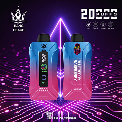 Original Bang Beach 20000 Puffs New LED Display Disposable Vape, offering up to 20000 puffs with a 35ml e-liquid capacity, customizable nicotine strengths, a 650mAh battery, and a convenient Type-C charging port. Equipped with a 1.0 mesh coil, adjustable airflow, and an LED display, it ensures a premium, reliable, and enjoyable vaping experience.