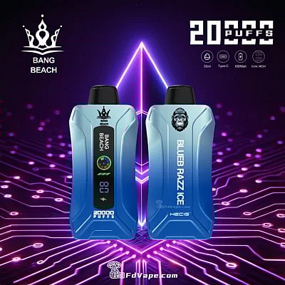 Original Bang Beach 20000 Puffs Novo Vape descartável com display LED, oferecendo até 20.000 baforadas com capacidade de e-líquido de 35ml, intensidades de nicotina personalizáveis, uma bateria de 650mAh e uma conveniente porta de carregamento Tipo C. Equipado com uma bobina de malha 1.0, fluxo de ar ajustável e um display LED, garante uma experiência de vaporização premium, confiável e agradável.