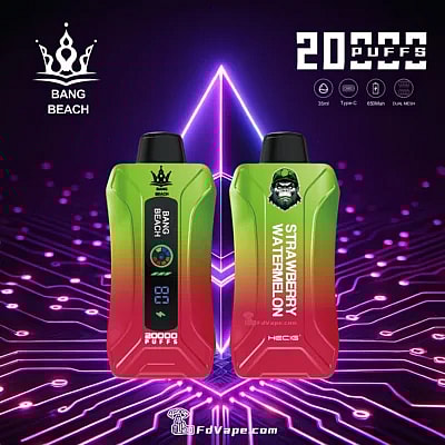 Original Bang Beach 20000 Puffs Novo Vape descartável com display LED, oferecendo até 20.000 baforadas com capacidade de e-líquido de 35ml, intensidades de nicotina personalizáveis, uma bateria de 650mAh e uma conveniente porta de carregamento Tipo C. Equipado com uma bobina de malha 1.0, fluxo de ar ajustável e um display LED, garante uma experiência de vaporização premium, confiável e agradável.