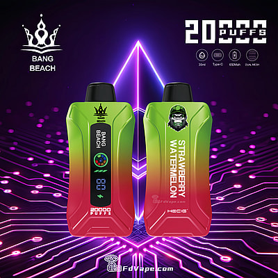 Original Bang Beach 20000 Puffs New LED Display Disposable Vape, offering up to 20000 puffs with a 35ml e-liquid capacity, customizable nicotine strengths, a 650mAh battery, and a convenient Type-C charging port. Equipped with a 1.0 mesh coil, adjustable airflow, and an LED display, it ensures a premium, reliable, and enjoyable vaping experience.