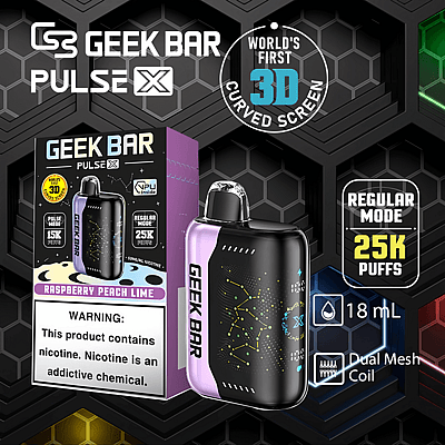 Confezione per vaporizzatore Geek Bar Pulse X Raspberry Peach Lime con schermo curvo 3D, 25K puff in modalità normale, capacità di 18 mL e doppia bobina a maglie. Attenzione: questo prodotto contiene nicotina, una sostanza chimica che crea dipendenza.