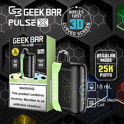 Dispositivo per svapare Geek Bar Pulse X con schermo curvo 3D, che offre 25.000 boccate in modalità normale, capacità di 18 ml, doppia bobina a rete e aroma di ghiaccio alla mela acida.