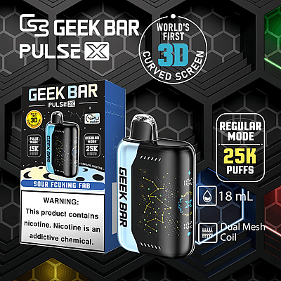 Un dispositivo per svapare Geek Bar Pulse X nero e blu con schermo curvo 3D, etichettato "Sour Fcuking Fab" e "25K puffs", caratterizzato da una capacità di 18 ml e tecnologia Dual Mesh Coil.