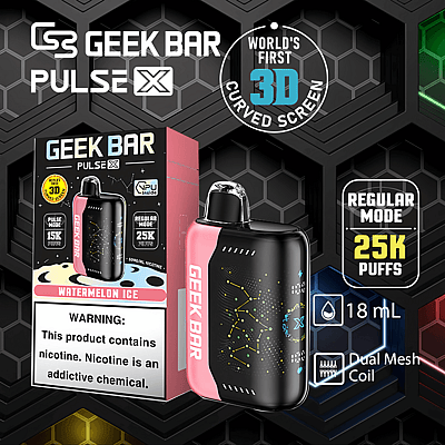 Dispositivo per svapare Geek Bar Pulse X con schermo curvo 3D, 25.000 tiri, capacità di 18 ml e doppia resistenza a rete, esposto insieme alla confezione con il gusto Watermelon Ice e un'avvertenza sulla nicotina.