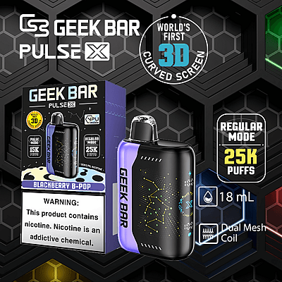 Vaporizzatore Geek Bar Pulse X con schermo curvo 3D, 25.000 boccate, capacità di 18 ml, doppia bobina a rete e aroma Blackberry B-Pop.