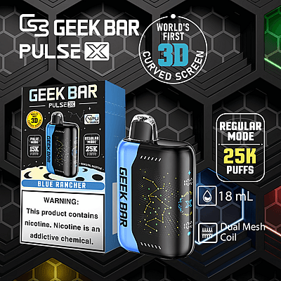 Dispositivo per svapare GEEK BAR Pulse X con schermo curvo 3D, 25K puff, capacità 18 mL, doppia bobina a maglie e aroma Blue Rancher. L'etichetta di avvertenza indica che il prodotto contiene nicotina.