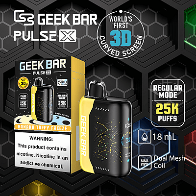 Vaporizzatore Geek Bar Pulse X Banana Taffy Freeze con schermo curvo 3D, modalità normale, 25.000 tiri, capacità di 18 ml, doppia bobina a rete e avviso di nicotina.