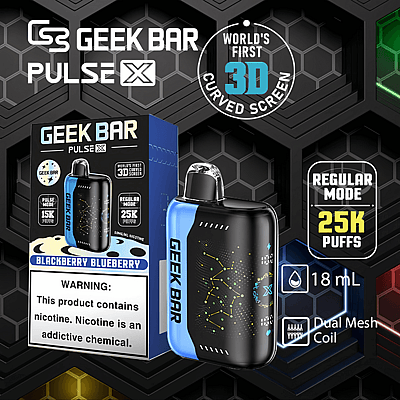 Vaporizzatore usa e getta Geek Bar Pulse X con schermo curvo 3D, doppia bobina a rete, capacità di 18 ml e 25.000 boccate, al gusto di mirtillo e mora con avvertenza sulla nicotina.