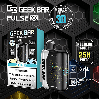 Vaporizzatore Geek Bar Pulse X Cool Mint con schermo curvo 3D, 25.000 tiri in modalità normale, capacità di 18 ml e doppia bobina a rete.