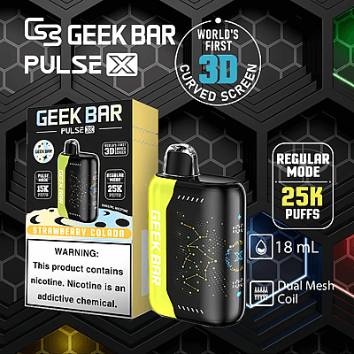 Dispositivo di svapo monouso Geek Bar Pulse X al gusto Strawberry Colada, con schermo curvo 3D, 25K puff, e-liquid da 18mL e doppia bobina a maglie. Etichetta di avvertenza: il prodotto contiene nicotina.