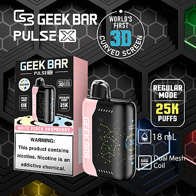 Dispositivo per svapo monouso Geek Bar Pulse X con schermo curvo 3D, aroma pesca bianca e lampone, 25.000 tiri in modalità normale, capacità 18 ml, doppia bobina a rete ed etichetta di avvertenza per la nicotina.