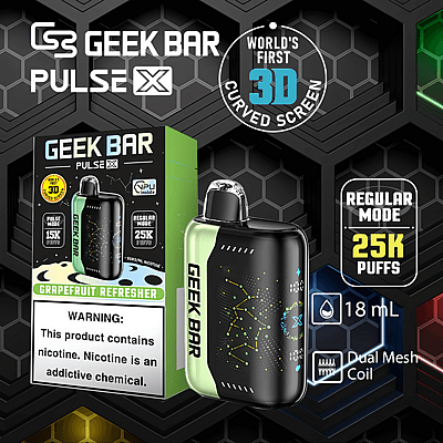 Confezione di vaporizzatore monouso Geek Bar Pulse X che mostra un dispositivo nero con accenti verdi, schermo curvo 3D, 25K puff in modalità normale, capacità di 18mL e doppia bobina a maglie. Il sapore è Grapefruit Refresher con un avviso di nicotina.