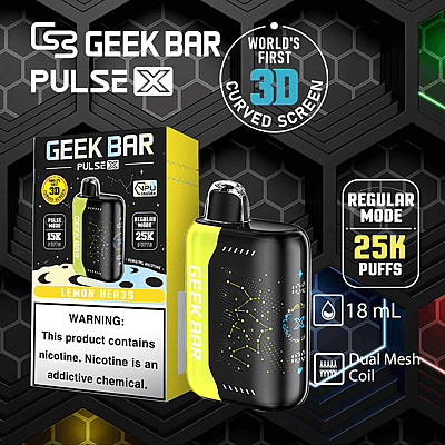 Dispositivo per svapare Geek Bar Pulse X con schermo curvo 3D, aroma Lemon Heads, 25.000 tiri, capacità di 18 ml e doppia bobina a rete.