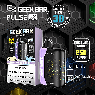 Dispositivo per svapare Geek Bar Pulse X con schermo curvo 3D, aroma di lime e arancia, capacità di 18 ml, doppia bobina a rete, modalità normale che offre 25.000 tiri e avviso di nicotina.
