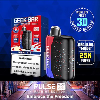 Dispositivo per svapo usa e getta Geek Bar Pulse X Patriot Edition al gusto Miami Mint, dotato di schermo curvo 3D, possibilità di effettuare tiri da 15K e 25K e avviso sulla nicotina.