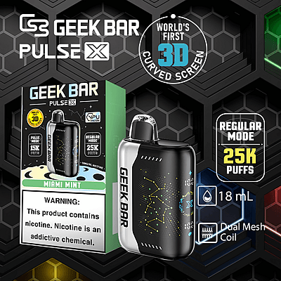 Dispositivo per svapare Geek Bar Pulse X dotato di schermo curvo 3D, aroma Miami Mint, capacità di 18 ml, doppia bobina a maglie e possibilità di effettuare 15.000 tiri in modalità pulsata o 25.000 tiri in modalità normale.