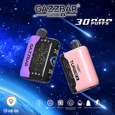 Einweg-Vaping-Geräte von GazzBar Turbo mit LED-Farblicht, 30.000 Zügen, Doppelkern, Mesh-Spule, 18 ml Fassungsvermögen, 5% Nikotin und Schnellladefunktion.